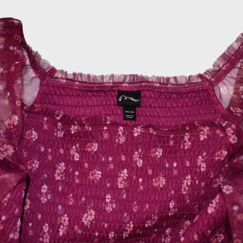 Art Class Smocked Floral Mesh Dress Sheer Long Sleeve Square Neck - Picture 5 of 5